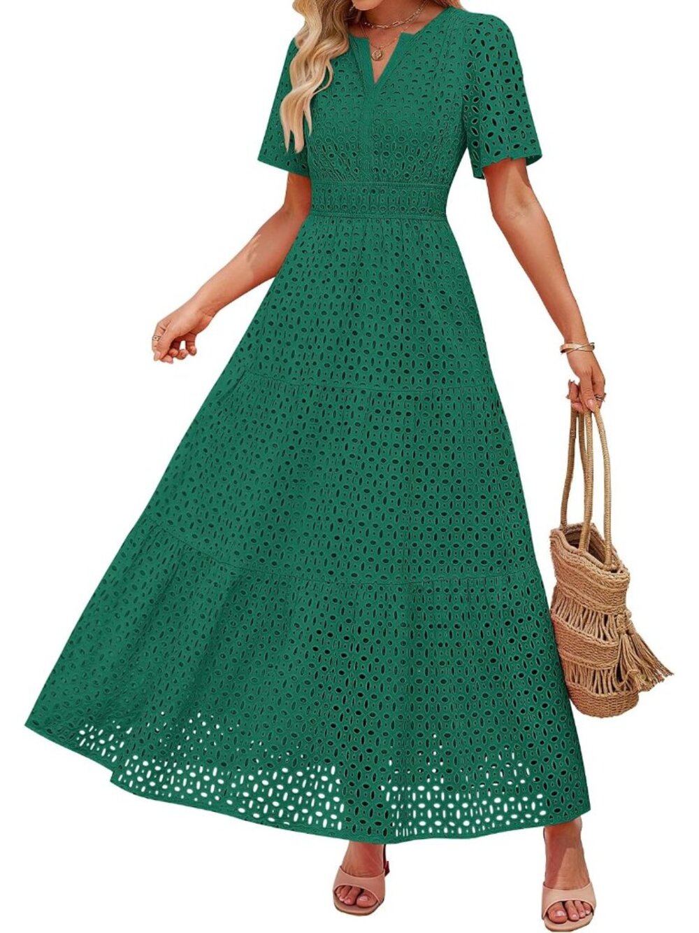 Women's Green Summer Short Sleeve High Neck V Neck Eyelet A Line Maxi Dresses